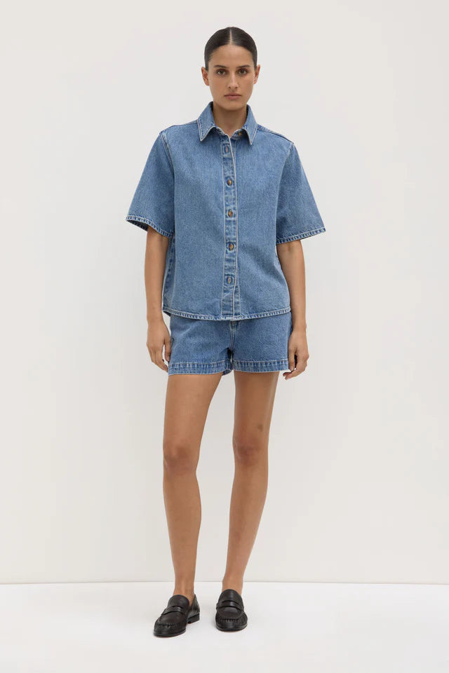 Assembly Label - Boxy Denim Short Sleeve Shirt - Dark Stone