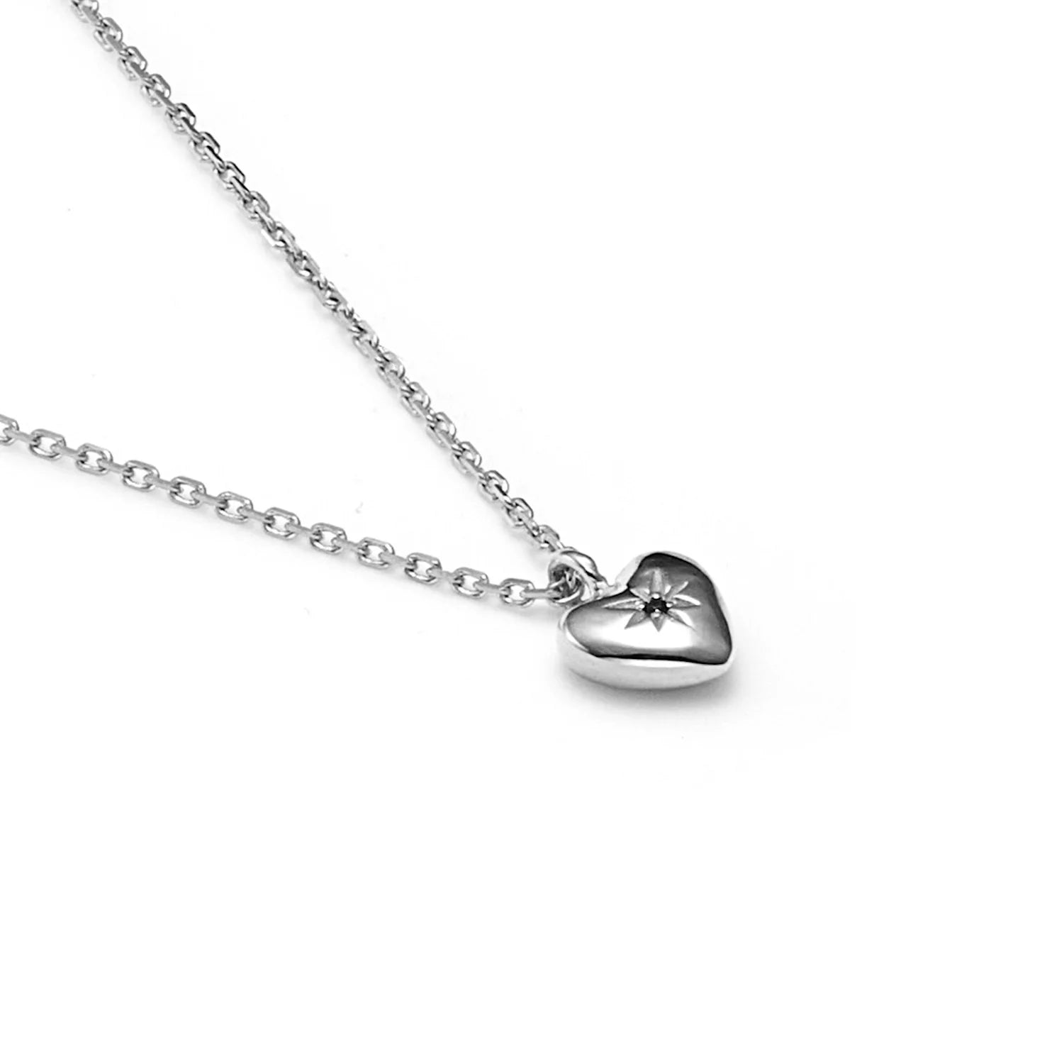 Silk & Steel - Petite Puffed Heart Necklace Black Diamond + Silver