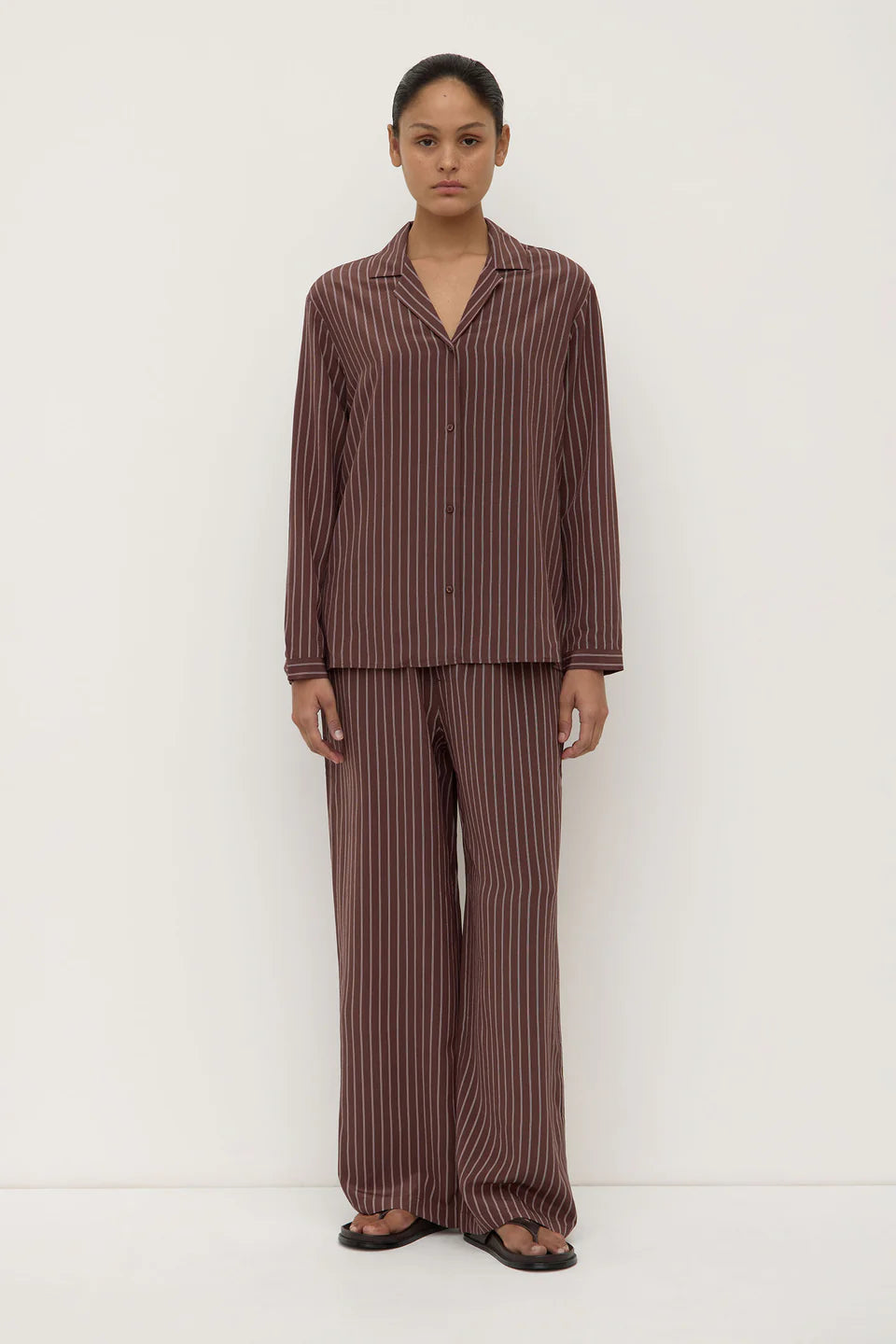 Assembly Label - Zayla Silk Stripe Long Sleeve Shirt - Cream/Espresso