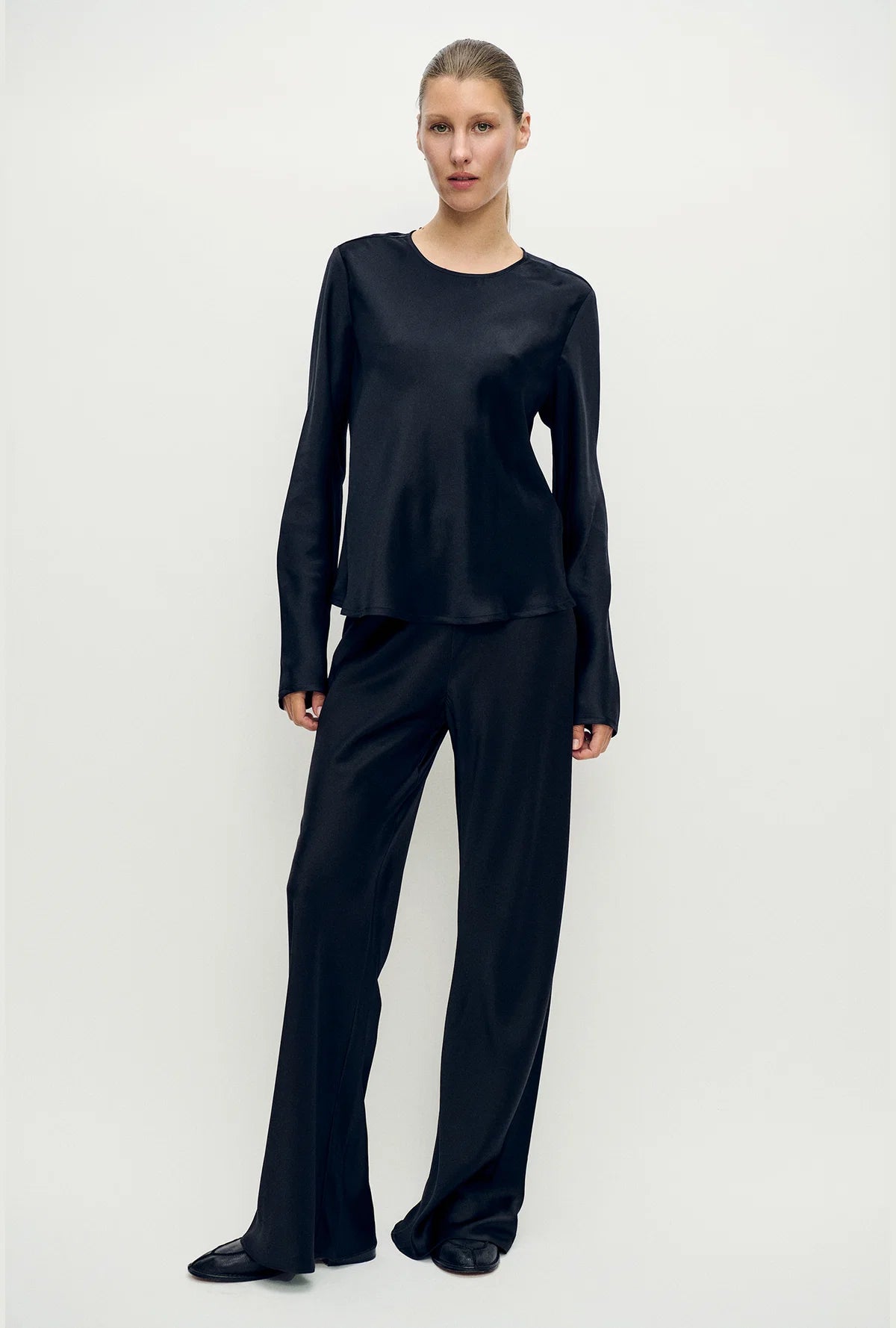 Silk Laundry - Long Sleeve Bias Cut Top - Black Satin