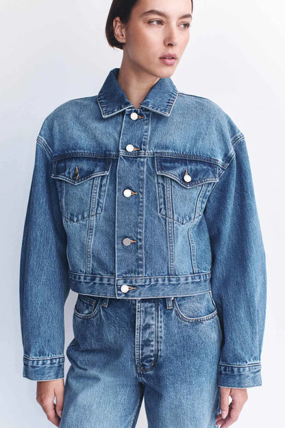 Assembly Label - Womens Cropped Denim Jacket - Classic Blue