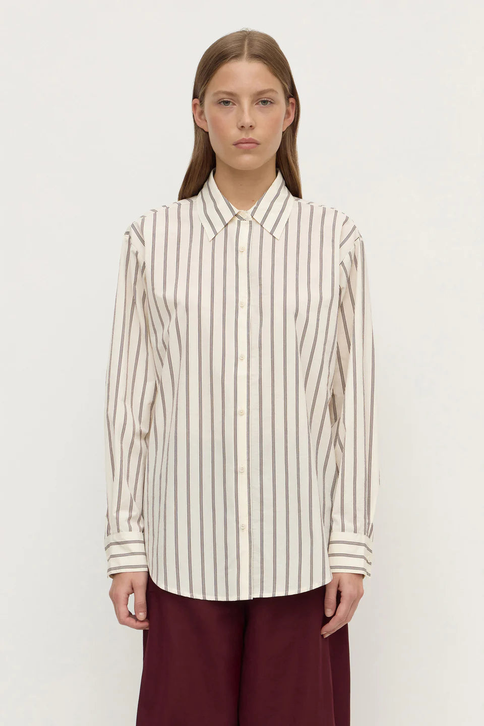 Assembly Label - Amaro Italian Stripe Long Sleeve Shirt - Merlot/White Stripe