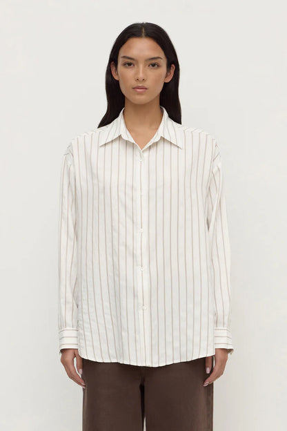 Assembly Label - Maeve Longline Shirt - Taupe Cream Stripe