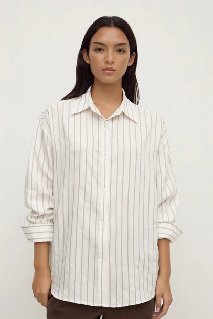 Assembly Label - Maeve Longline Shirt - Taupe Cream Stripe