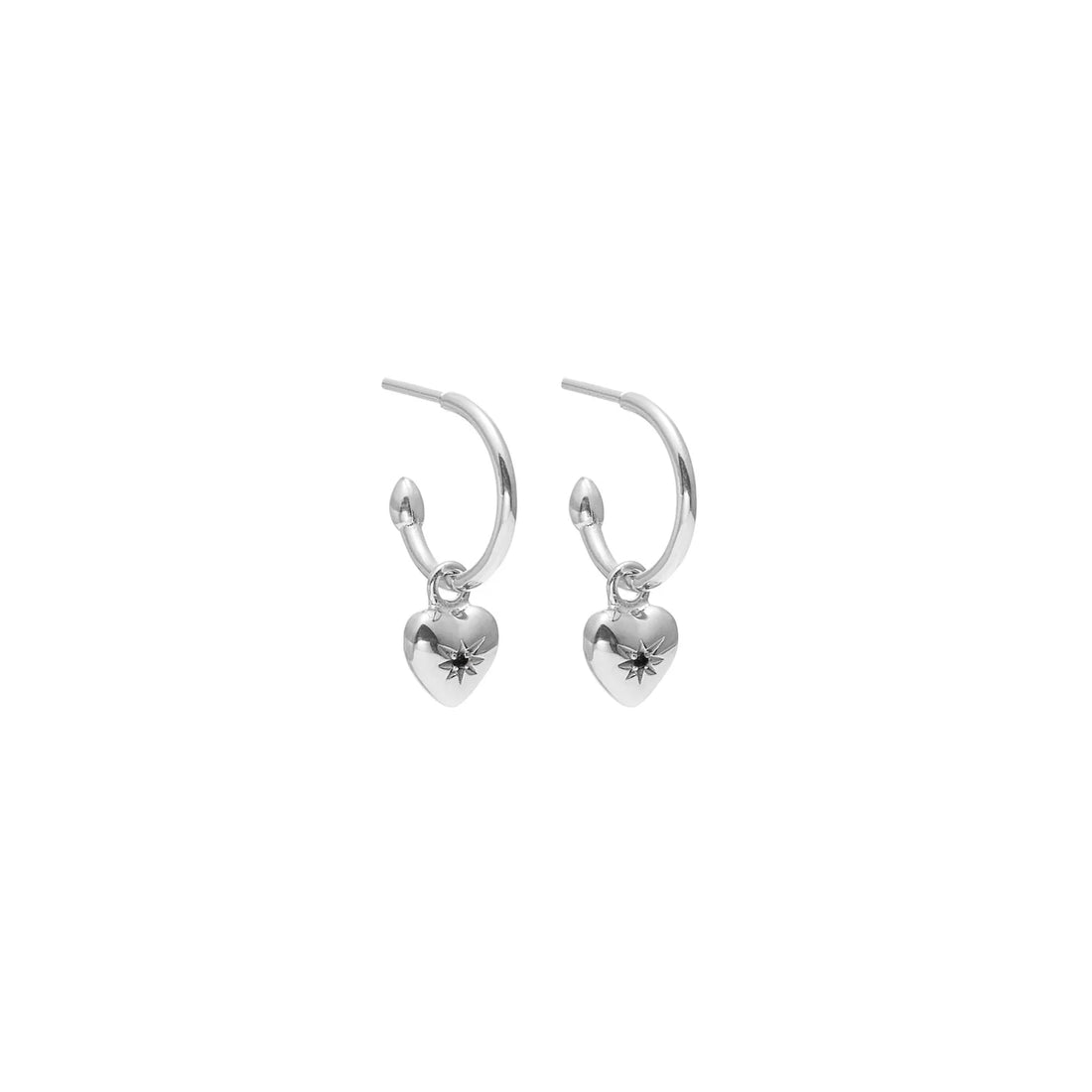Silk &amp; Steel - Petite Puffed Heart Hoops - Black Diamond/Silver