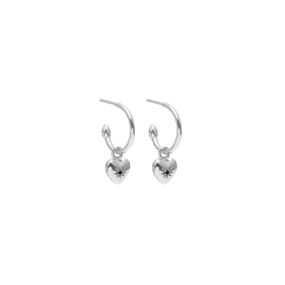 Silk &amp; Steel - Petite Puffed Heart Hoops - Black Diamond/Silver