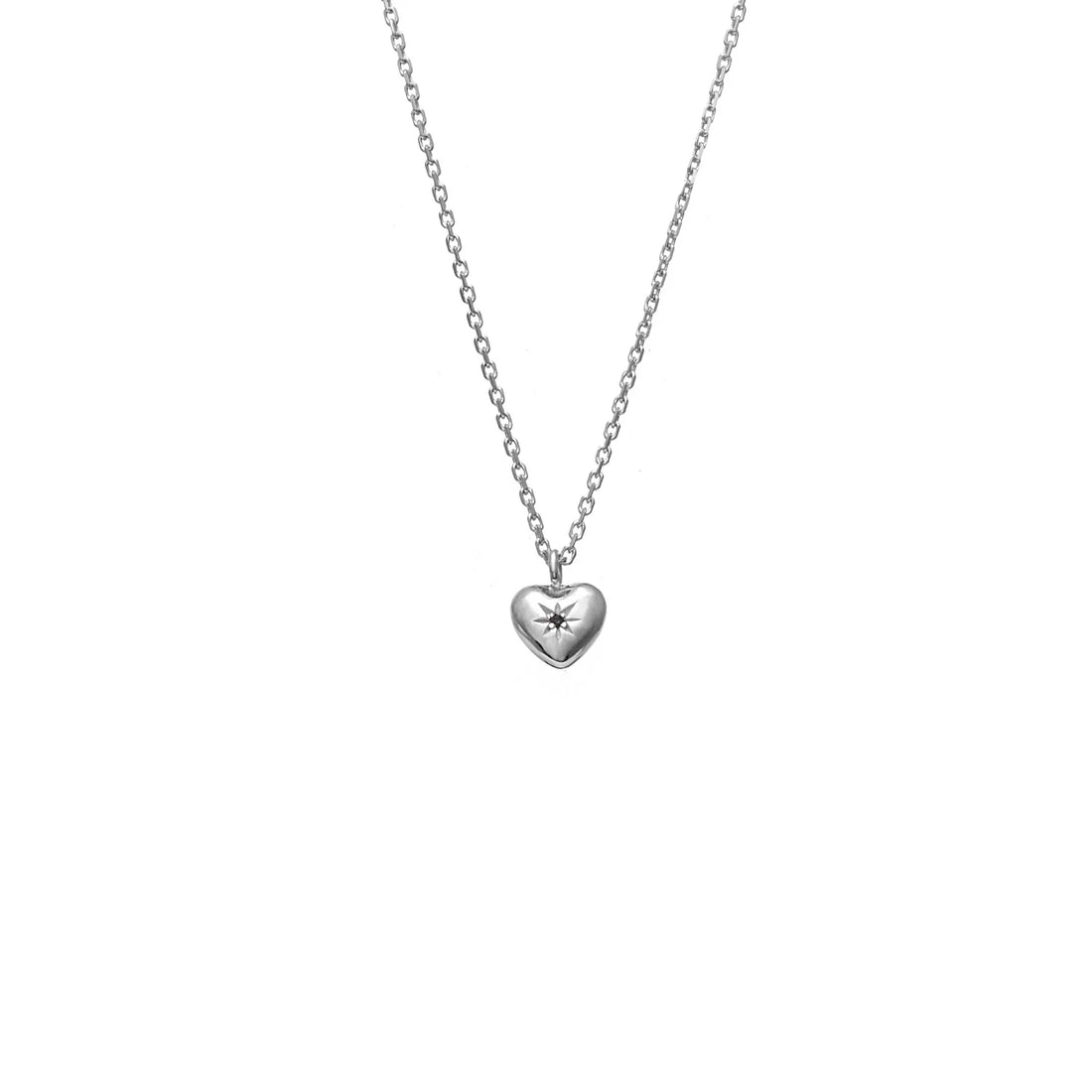 Silk &amp; Steel - Petite Puffed Heart Necklace Black Diamond + Silver