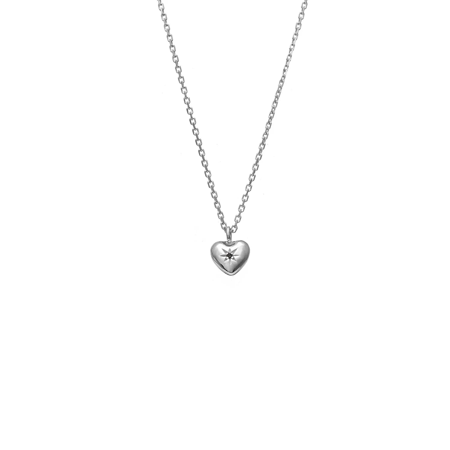 Silk &amp; Steel - Petite Puffed Heart Necklace Black Diamond + Silver