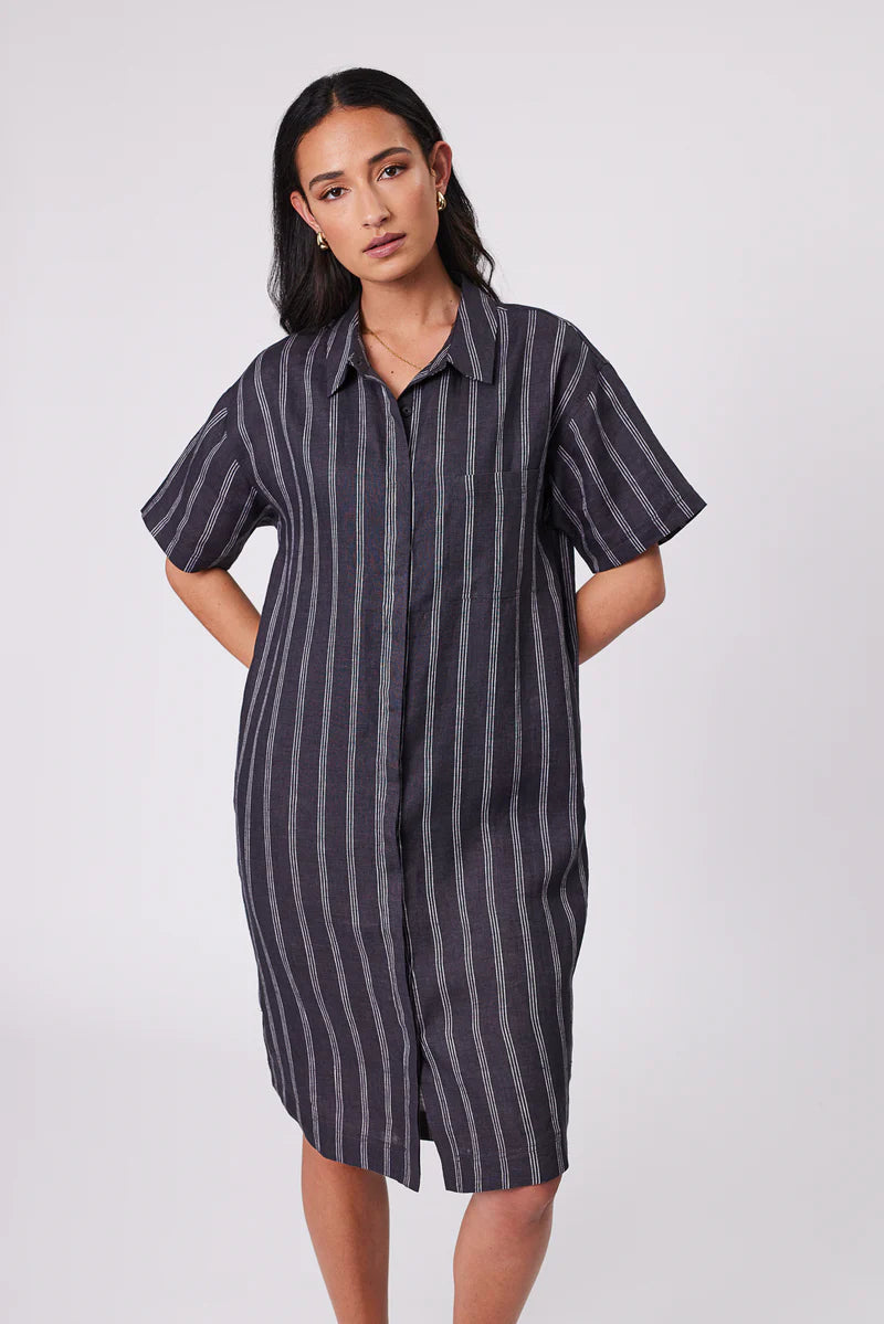 Marlow - Skyline Linen Dress - Ink Stripe