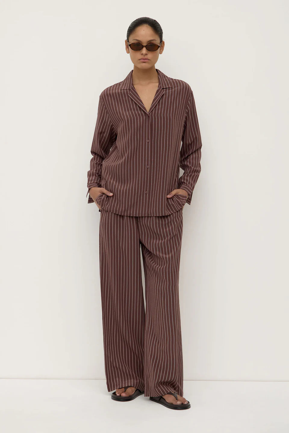 Assembly Label - Zayla Silk Stripe Long Sleeve Shirt - Cream/Espresso