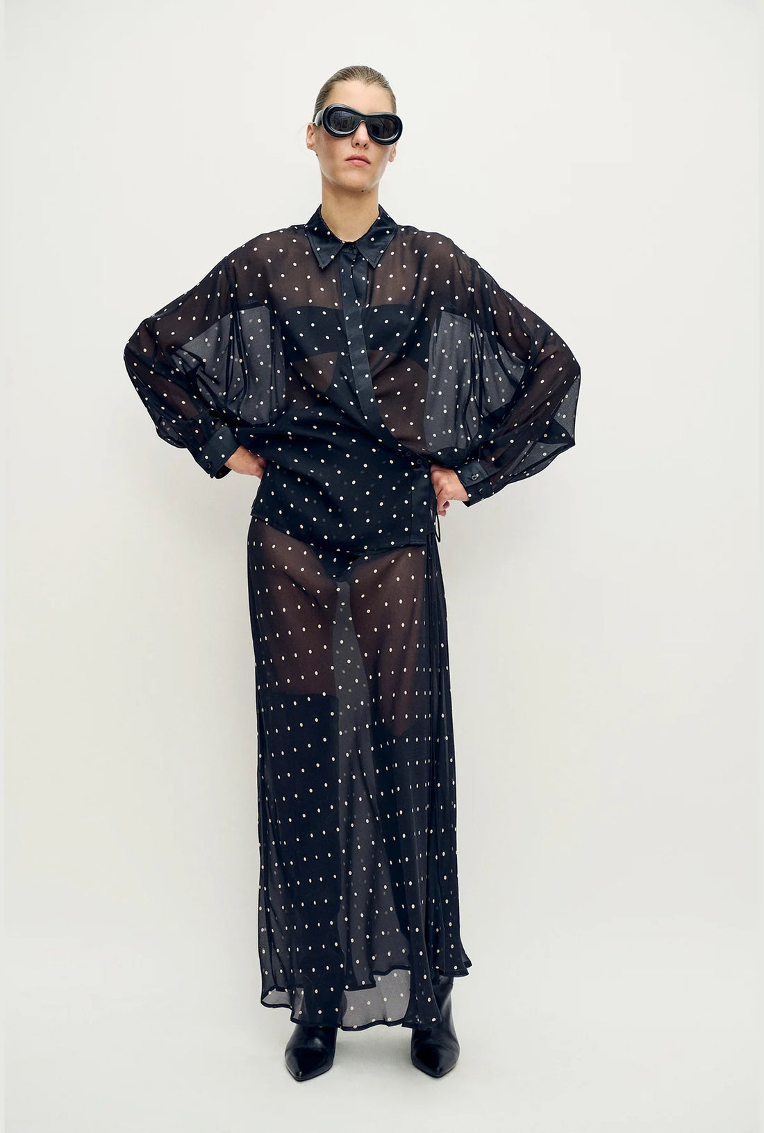 Silk Laundry - Chiffon Long Bias Cut Skirt - Small Polka Dot