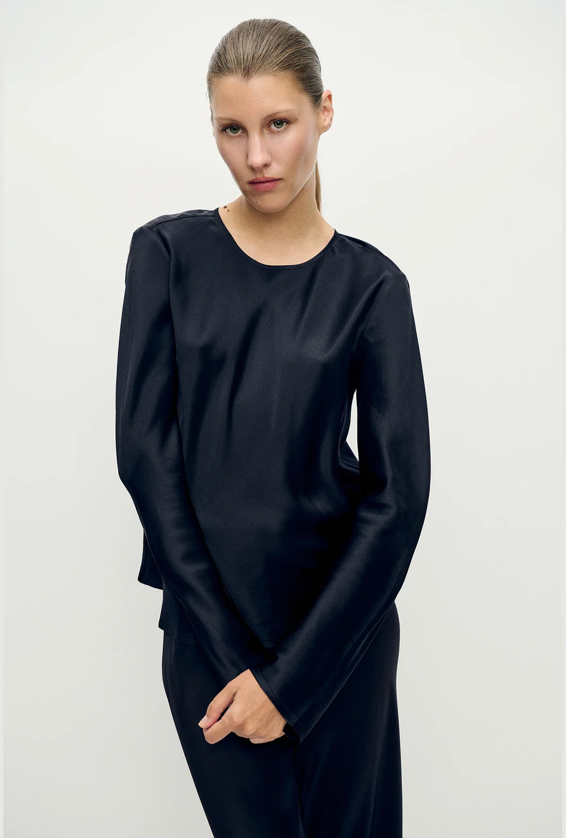 Silk Laundry - Long Sleeve Bias Cut Top - Black Satin