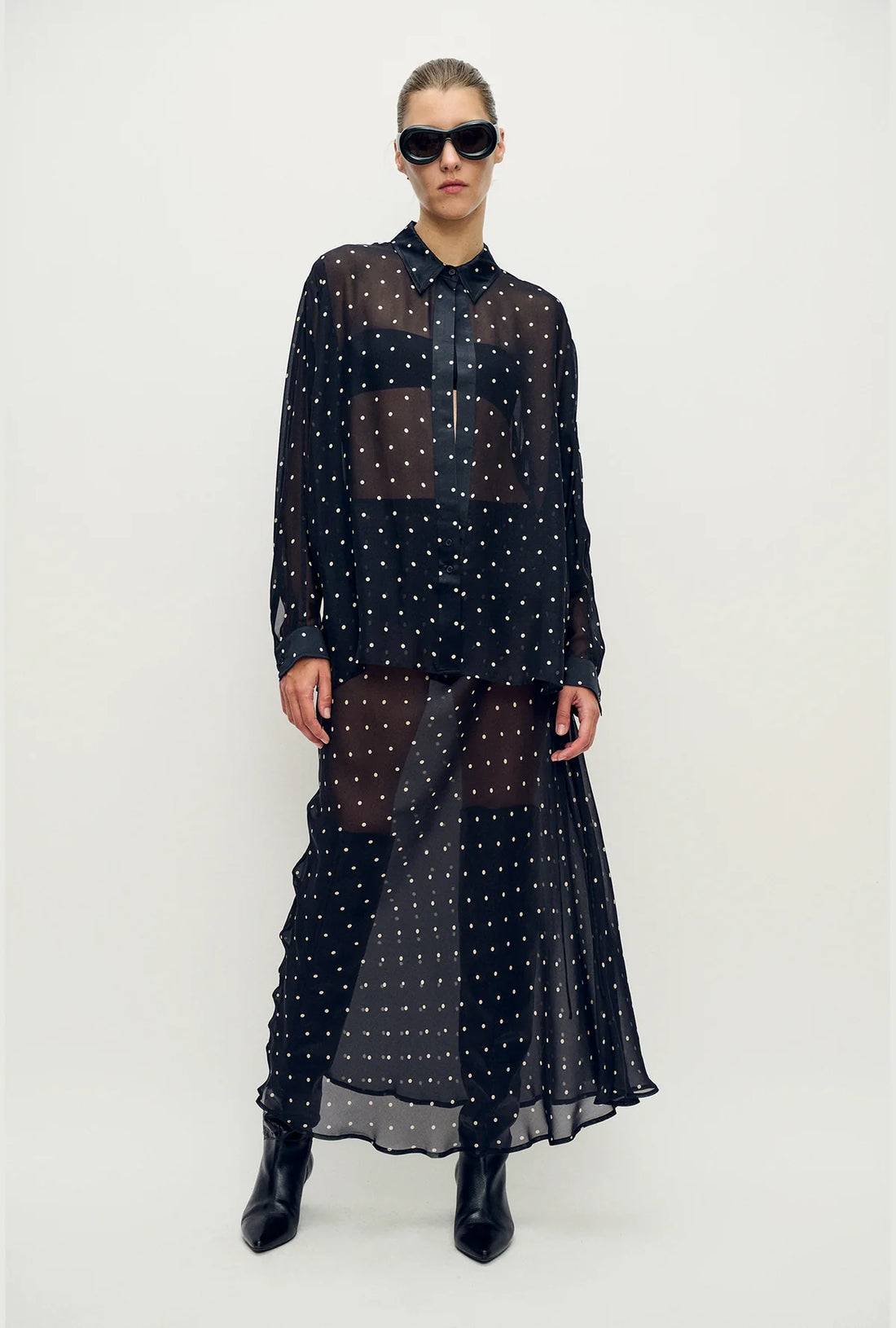 Silk Laundry - Chiffon Long Bias Cut Skirt - Small Polka Dot
